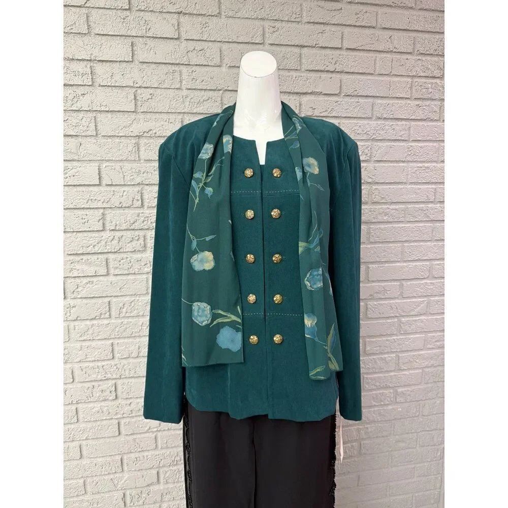 VTG Leslie Fay Women’s green Double-Breasted Jacket With Floral Scarf Size 18